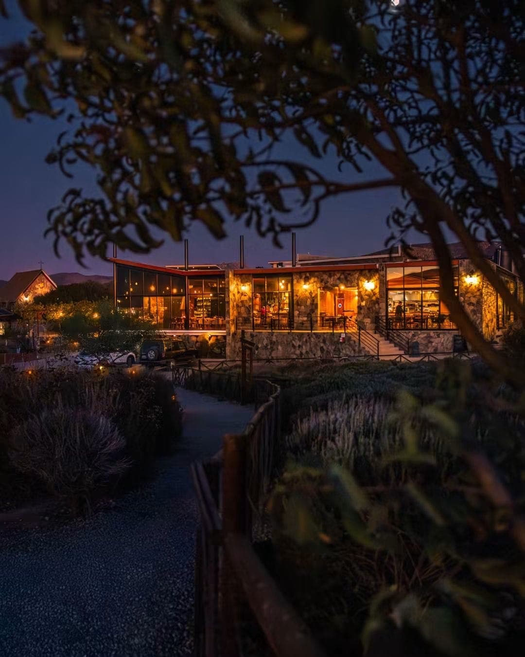 Restaurante Salvia Blanca iluminado al anochecer, enmarcado por ramas y un camino de grava que se acerca a la terraza
