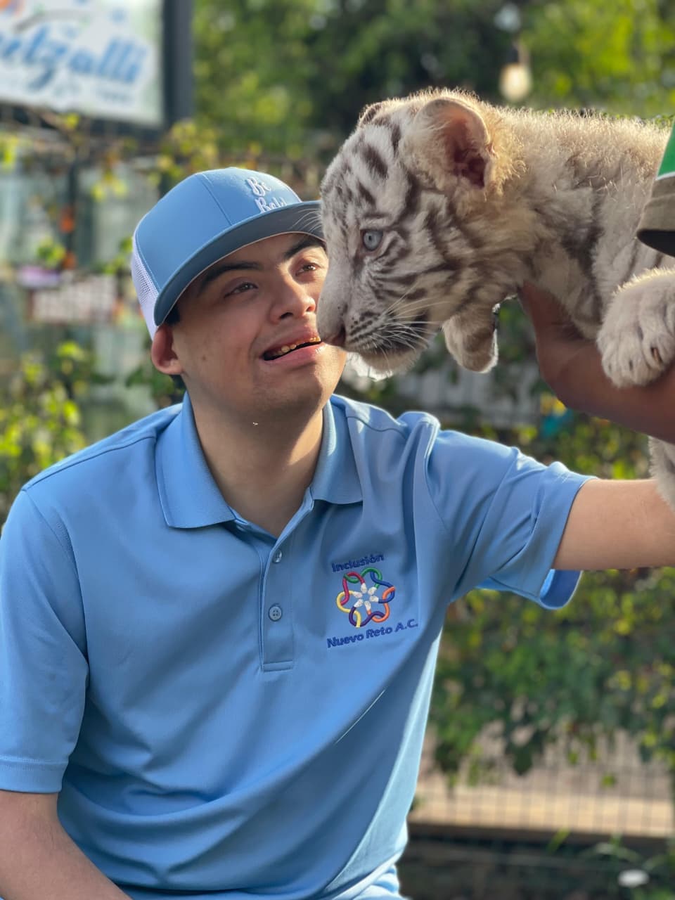 Joven interactuando con cachorro de tigre blanco