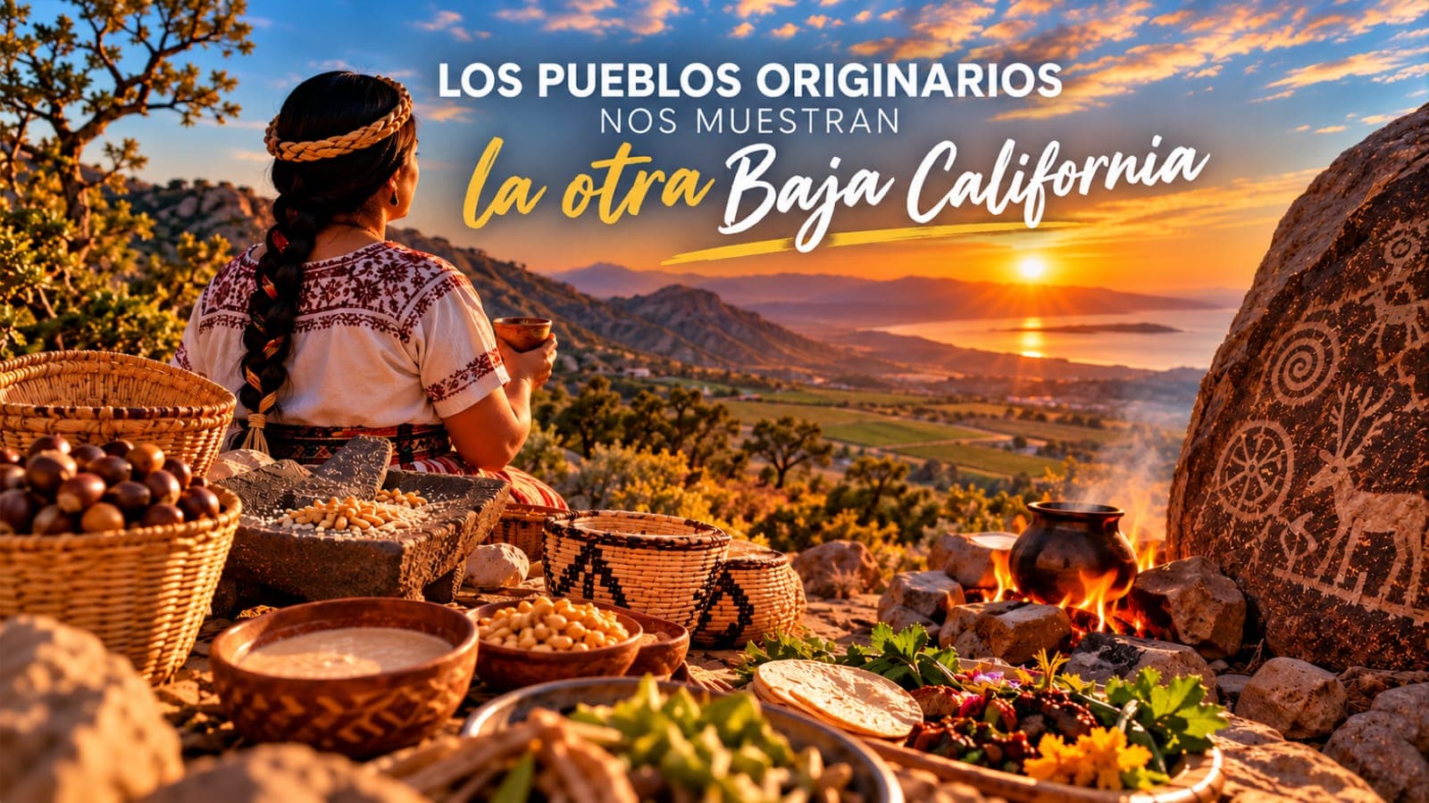 Mujer kumiai con atole de bellota contemplando el atardecer en la sierra de Baja California con petrograbados y fogata